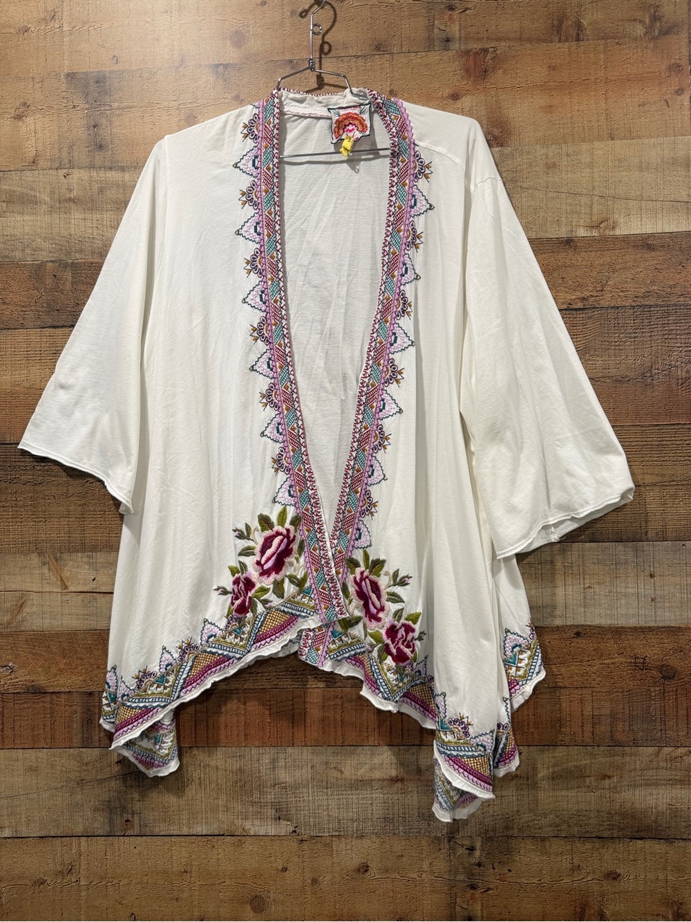 Johnny Was Cream Embroidered Open-Front Kimono with Rose Motif Size XL